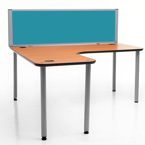 Morton Acoustic Office Desktop Dividers with blue fabric and silver frame. 