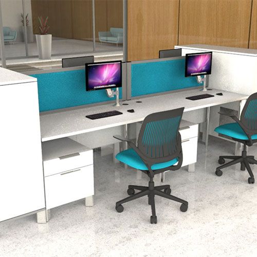 Morton+ 42mm Acoustic Desk Partitions with blue fabric and attached to the back of the desk. 