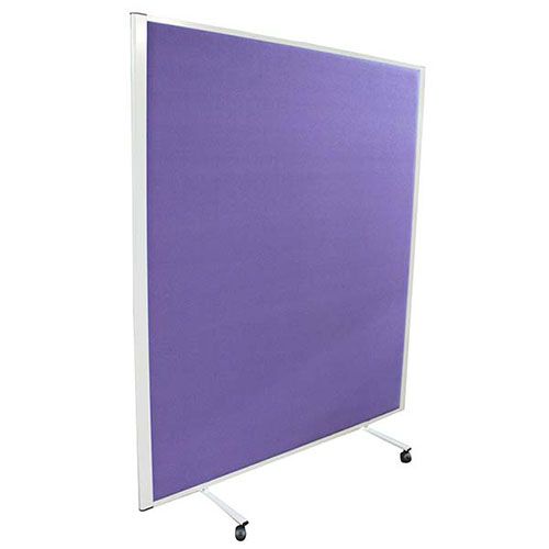 Acoustic room divider with purple fabric and white frame. 