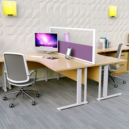 Morton+ Vision Desk screens with purple fabric and frosted acrylic for more privacy.
