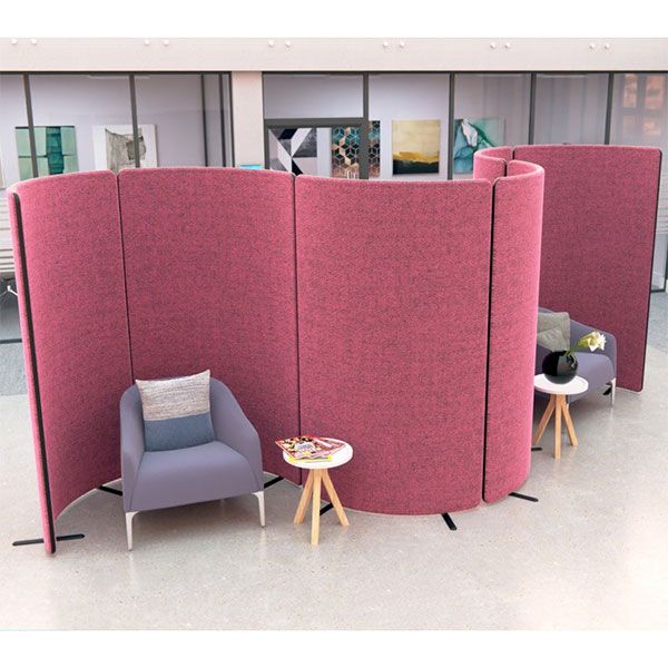 Nova curve acoustic office partitions with pink fabric and black egding.