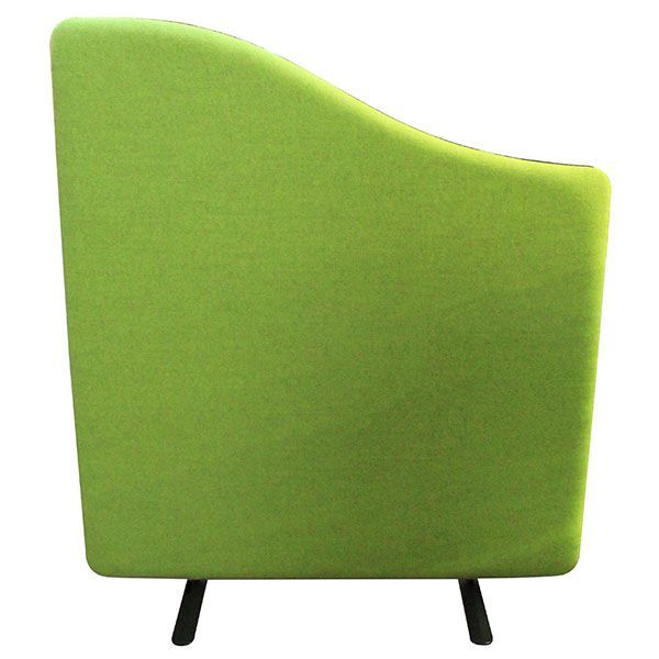 Wave top office partition with green fabric and black stability feet. 