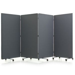 1200mm high foldable room dividers in a grey fabric and including lockable castor wheels.