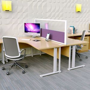 Morton+ Vision Desk screens with purple fabric and frosted acrylic for more privacy.