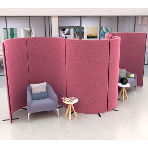 Nova curve acoustic office partitions with pink fabric and black egding.