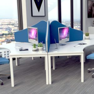 Omega 42mm Acoustic Wave Desk Dividers fitted to the side and back of a cluster desk. 